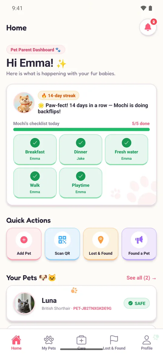 BooPaw home screen with today's care checklist