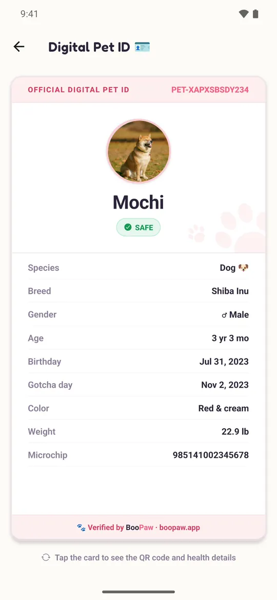 A pet's Digital ID card in the BooPaw app
